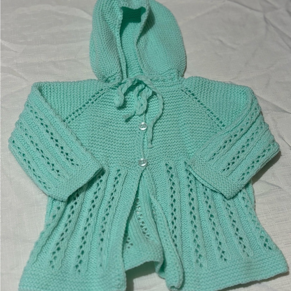 Vintage Mint Green/ Teal Knit Baby Cardigan